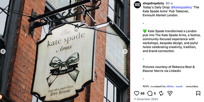 An Instagram screenshot of Kate Spade Arms' Pub Takeover.