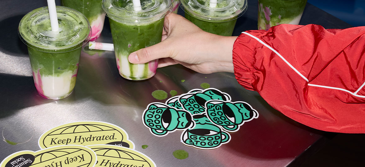 Green branded Stickers and Matcha