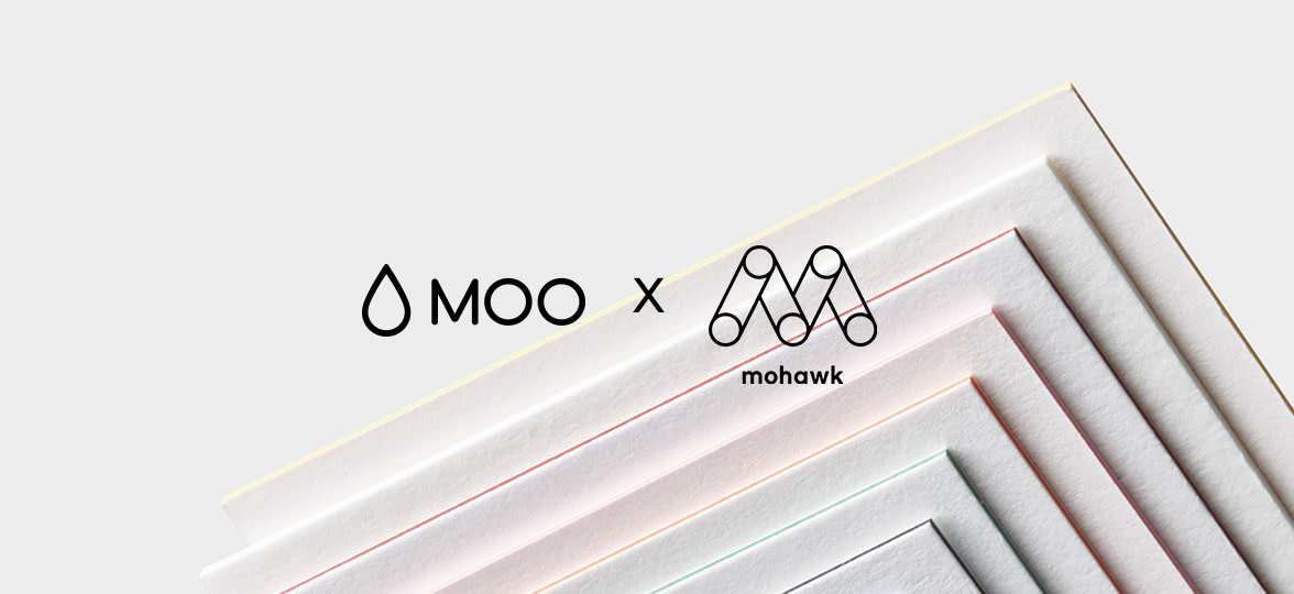 MOO.com and Mohawk logos on a background of Luxe paper