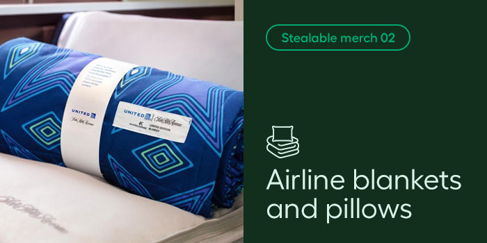 A composite photo of an airline blanket on the left side, with the text Stealable merch 02 and Airline blankets and pillows on the right side