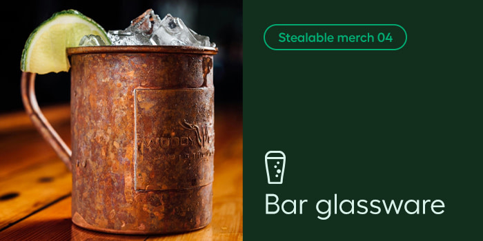 A composite photo of a Moscow Mule on the left side, with the text Stealable merch 04 and Bar glassware on the right side