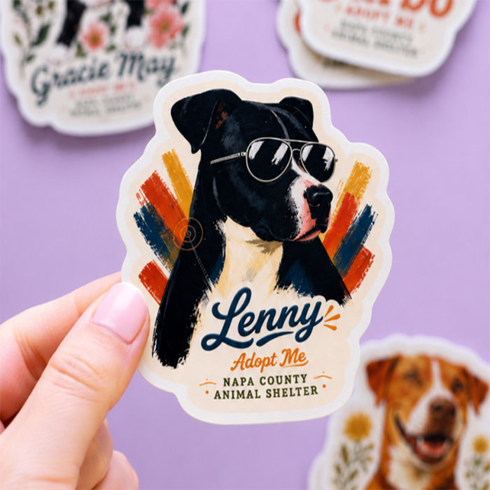 A photo of someone holding a Die-Cut Sticker featuring an illustration of a dog named Lenny who is wearing sunglasses.
