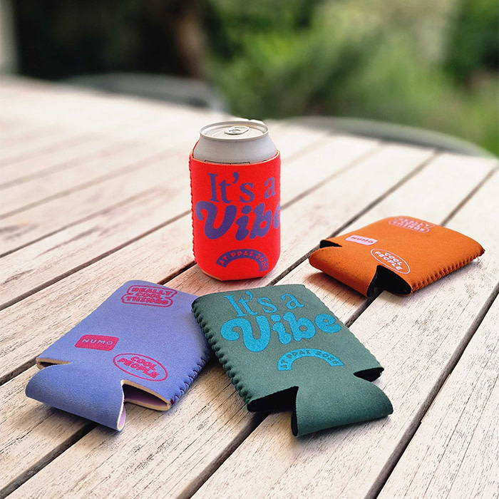 A variety of neoprene can coolers from PPAI in different colors.