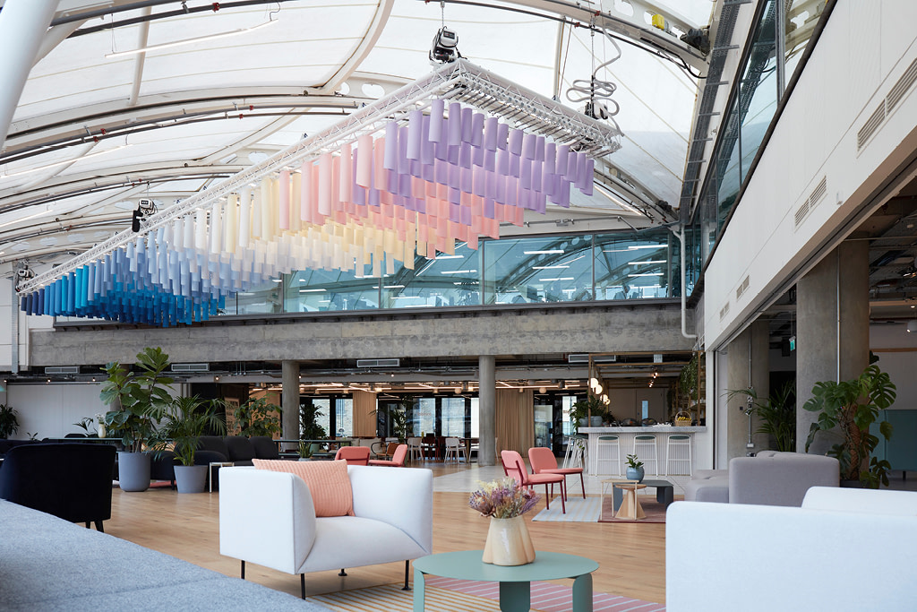 Kitchen and breakout area, featuring our paper cloud.