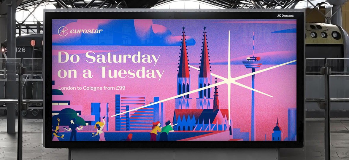Eurostar's billboard in train station showing the new branding.