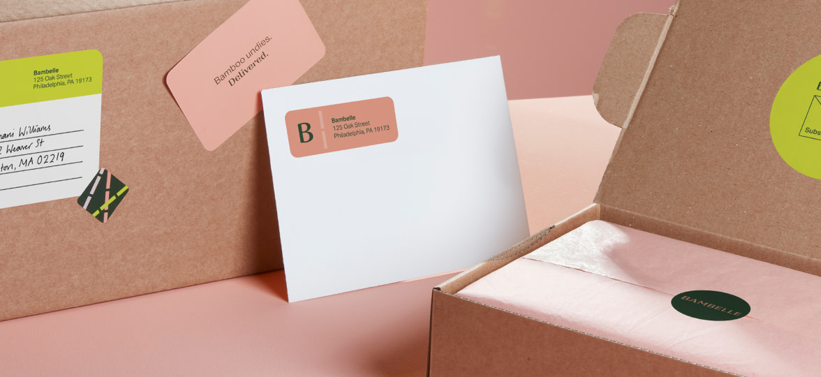 Boxes and envelopes with custom stickers in various sizes and designs