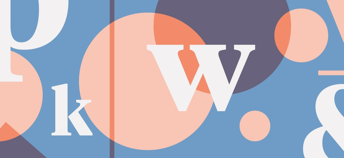 White letters, light orange and dark transluscent orange circles overlapping on a blue background