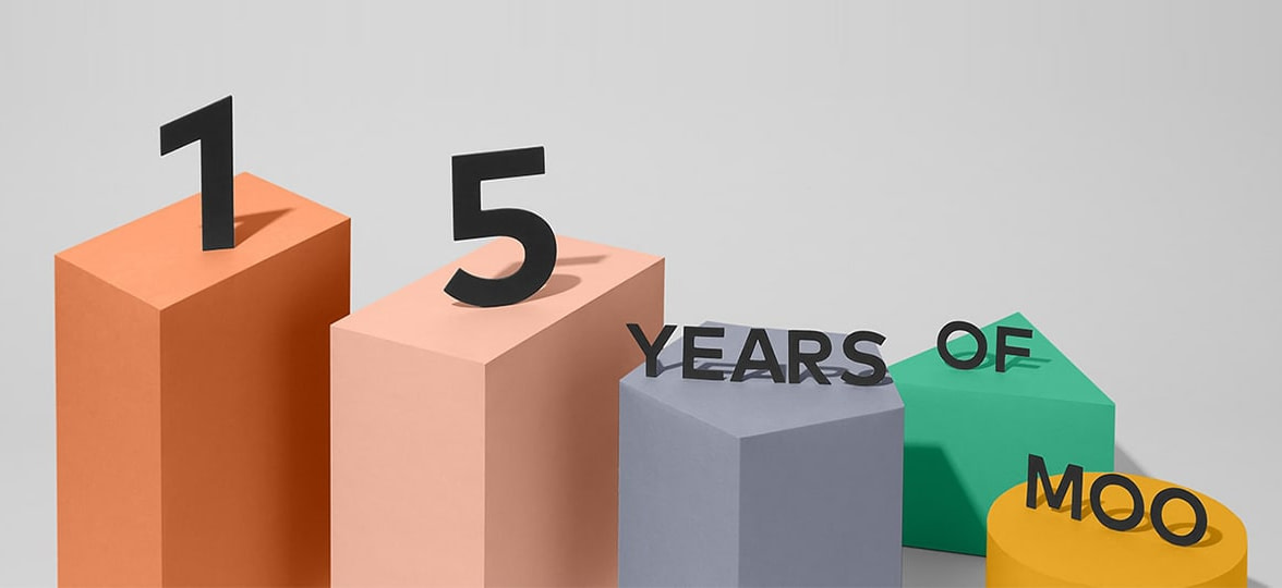 15 years of MOO written on 5 different colorful blocks