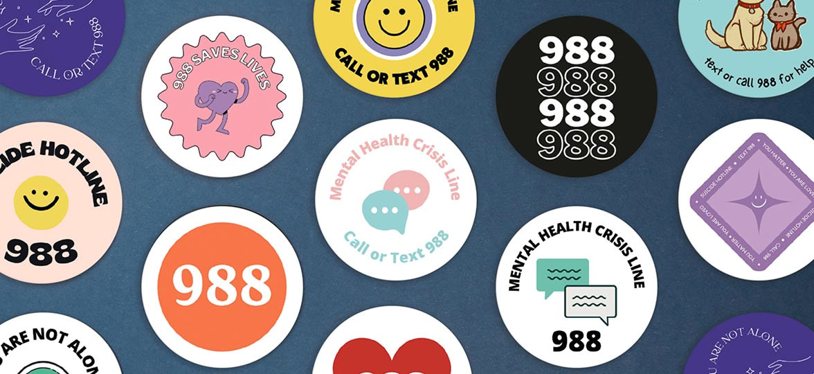 Colorful round sticker designs to promote the new 988 suicide prevention lifeline