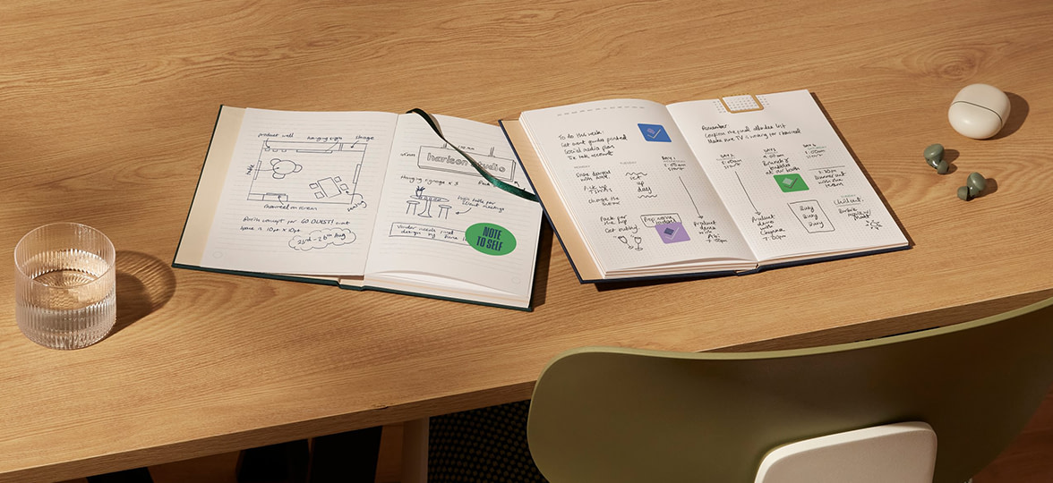 Notebooks on table.