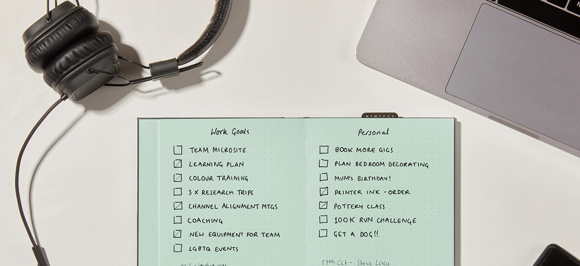 Planner on desk.