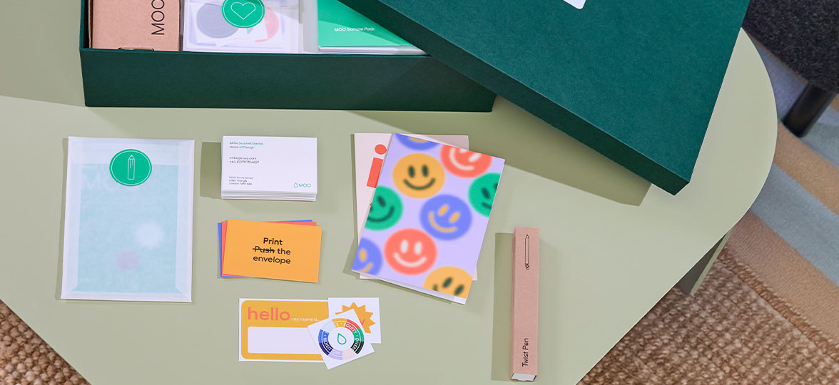 MOO's new starter kit laid out to show you how to build a welcome box