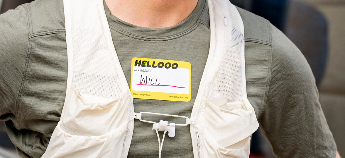Rectangular Sticker used as a name tag.