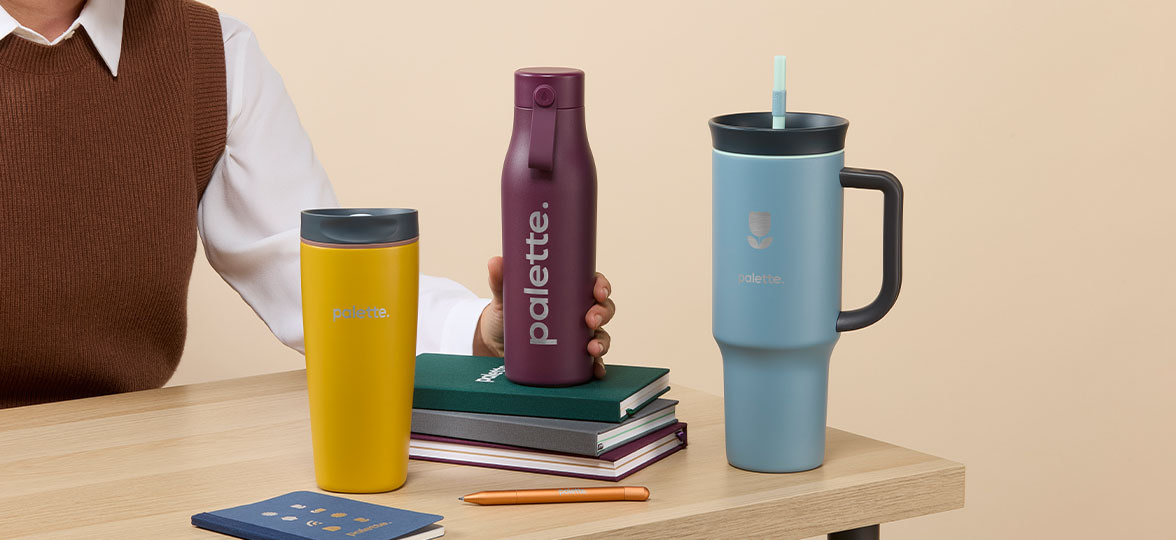 Branded Drinkware on desk.