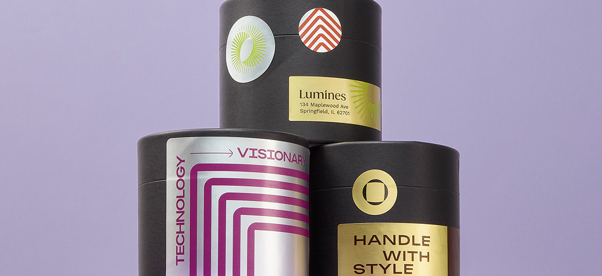 Metallic stickers on packaging.