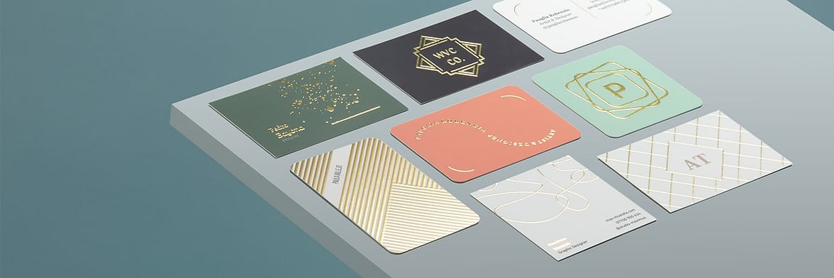 8 Gold Foil Business Cards in various sizes, colors and designs