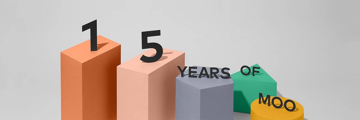 15 years of MOO written on 5 different colorful blocks