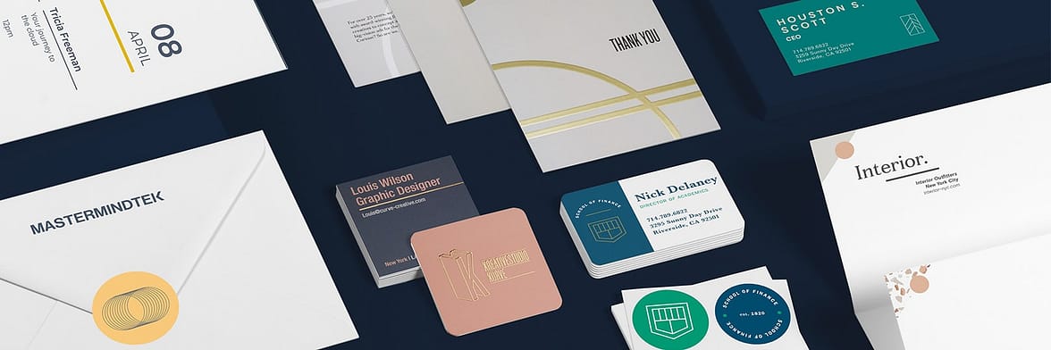 Set of print materials including flyers, postcards, business cards, and stickers