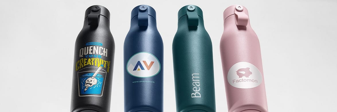 Four custom water bottles designed by MOO and customized by Blue Ion, MainStreet Bank, Beam, and Factomos