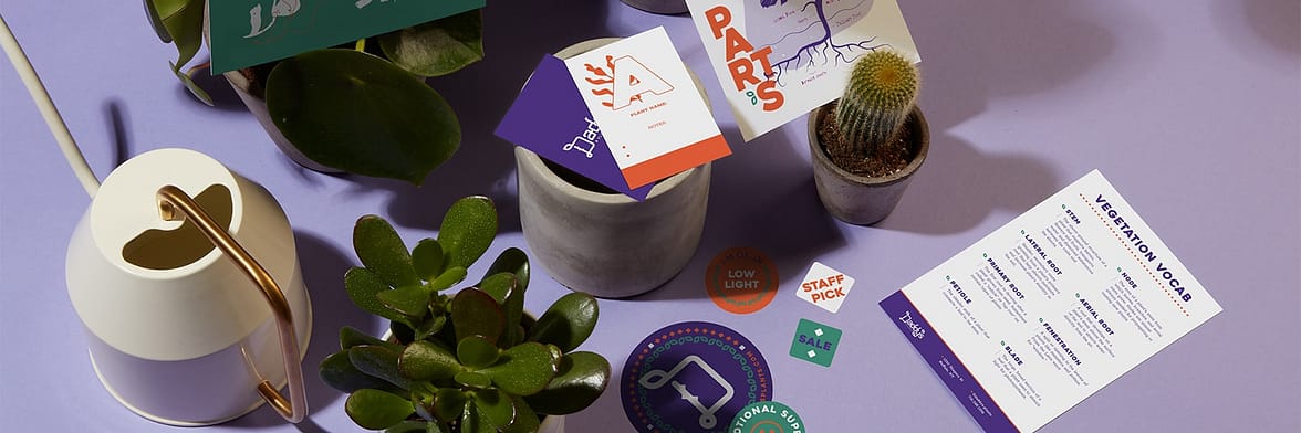 Plants and custom print products including stickers, postcards and business cards designed by MOO for plant shop Daddy's Plants
