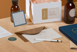 Beauty brand print products including custom cards, address label, beauty brand loyalty card and custom notebook