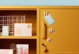 Mustard locker with MOO postcards and business cards inside