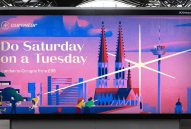 Eurostar's billboard in train station showing the new branding.