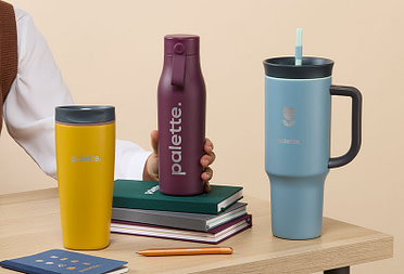 Branded Drinkware on desk.