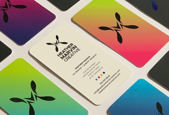 Mosaic of gradient business cards in various colors by Heather Marvin Creative