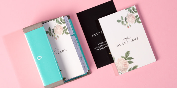 Megsy-Jane's business cards in a MOO box