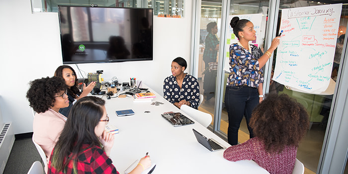 people looking at customer journey in meeting