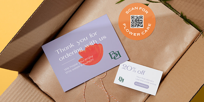 Thank you card, promotion card and QR code sticker in package