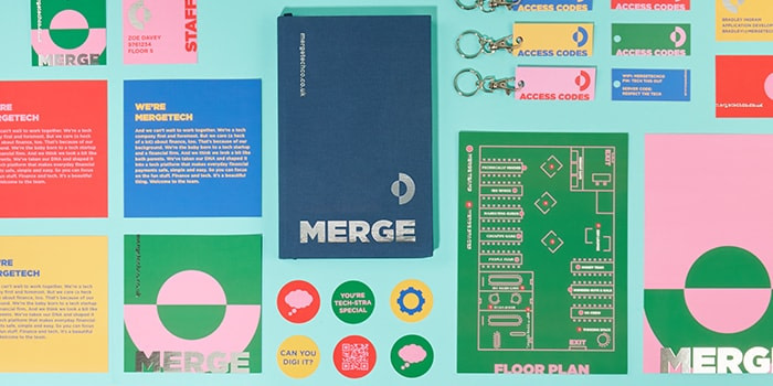 Set of colorful print marketing materials with consistent branding