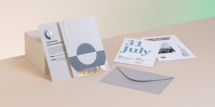 Foil postcards, invitations and grey envelope