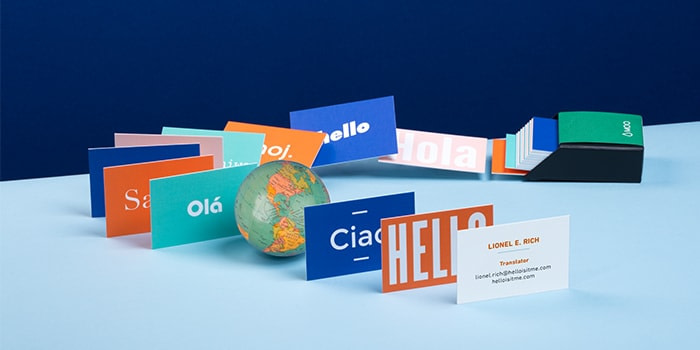 Colorful business cards with text saying hello in various languages