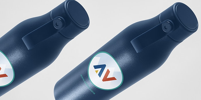 Blue water bottle with a custom design by MainStreet Bank made with MOO