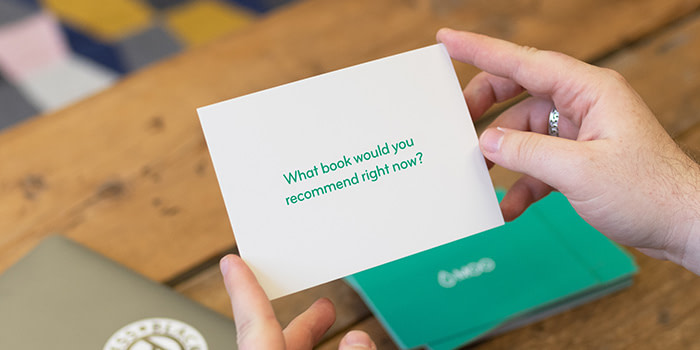 Question card saying What book would you recommend right now