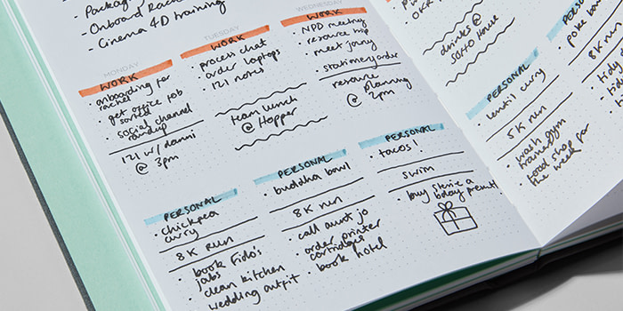 Separating work and personal planning on the weekly spread of the MOO planner