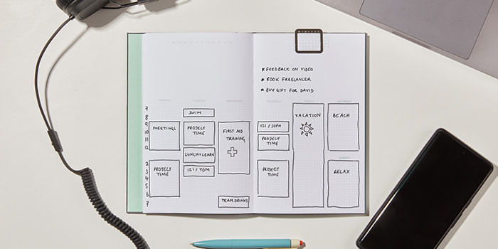Weekly spread in weekly planner with planned sections of time