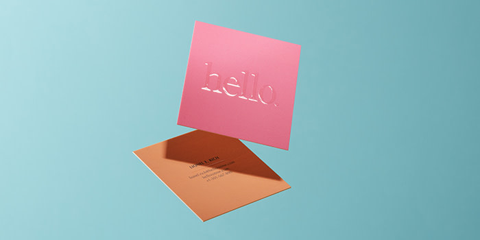A 3D print business card design from MOO saying 'hello' 