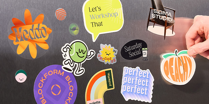 Branded Stickers on a metallic surface.