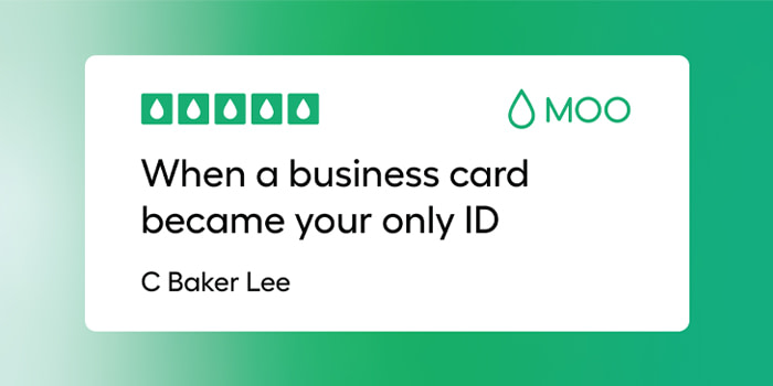 A green illustration saying 'When a business card became your only ID'