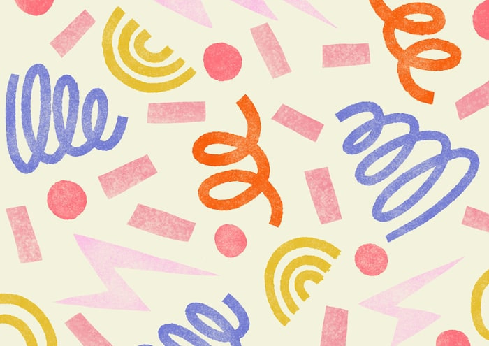 Pattern design by Claire Iglesias representing colorful abstract shapes including rainbows, corkscrew shapes, confettis and polka dots