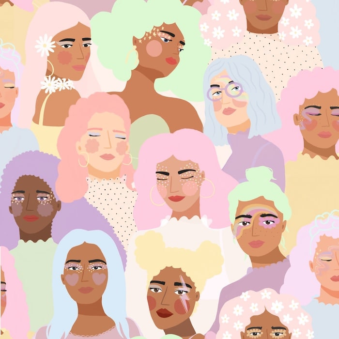 Pastel pattern design by Brook Gossen representing a crowd of women of various ethnicities with pastel hair, flowers and stars