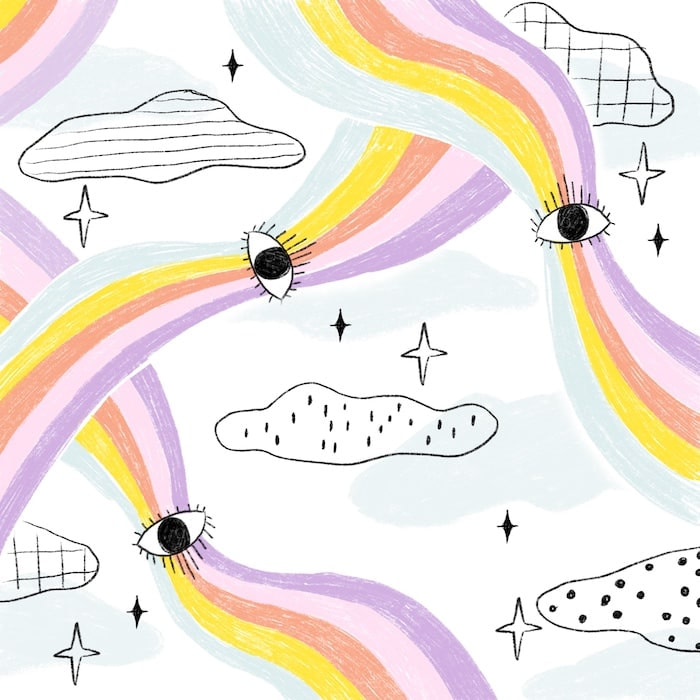 Dreamy pattern design by Gwendoline Lefeuvre representing 5-color rainbows with eye doodles and a white background with line drawings of clouds and sparkles
