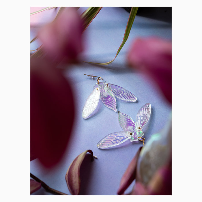 Mauve cicada acrylic earrings by Mackbecks