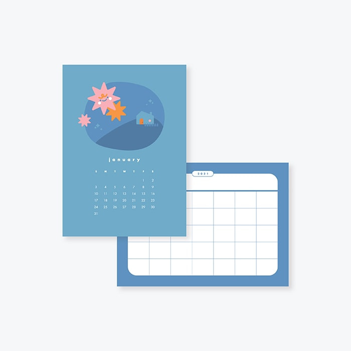 Blue calendar postcard by Yeung Love seen front and back