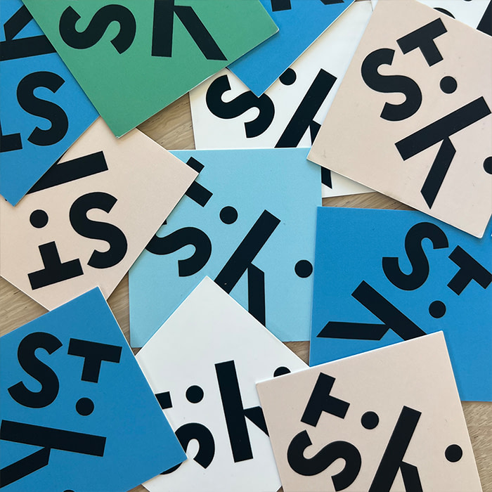 Square Business Cards in Blue, light blue, green, white and beige.