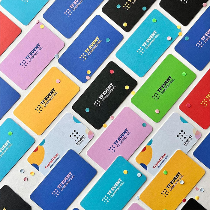 TF Event Business Cards in different colors thanks to Printfinity.