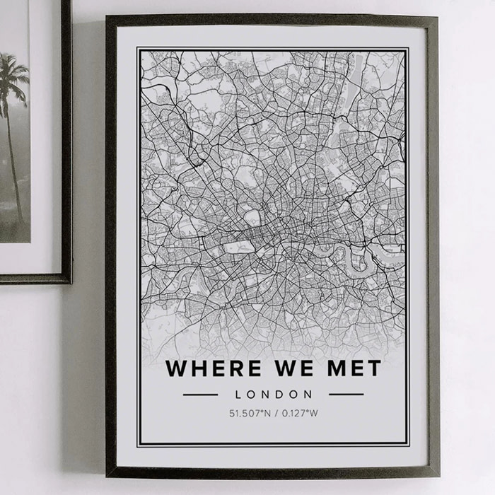 Framed map titled "where we met."